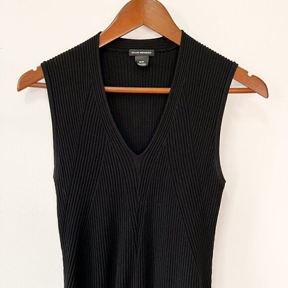 Club Monaco Black V-Neck Sleeveless Rib Knit Dress - Picture 4 of 8